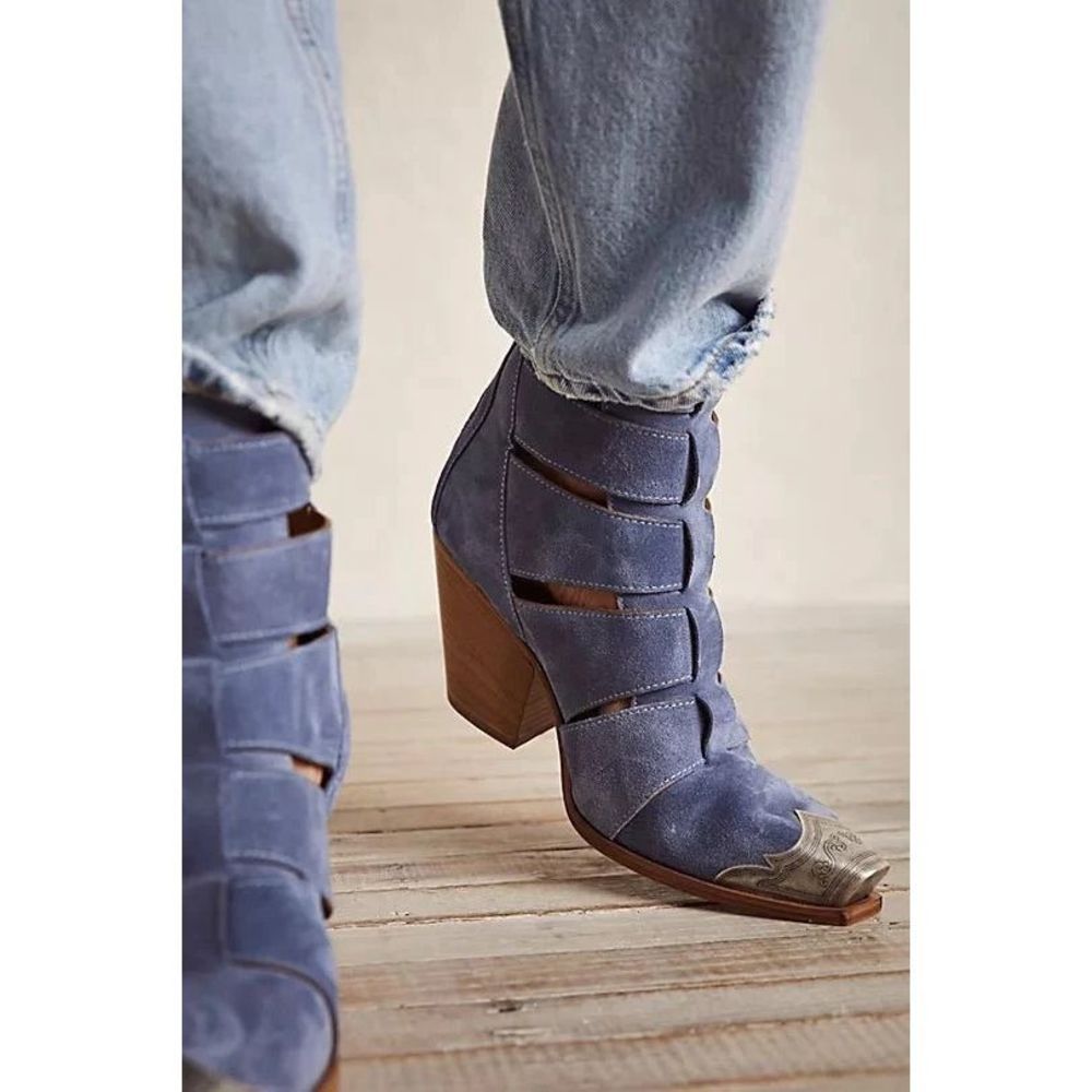 Free People Blue Suede Cutout Western Ankle Booties
